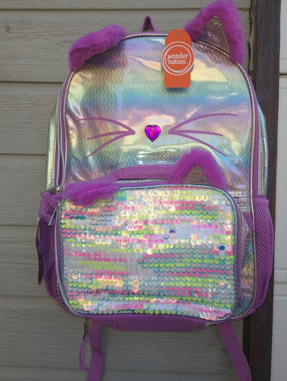 Wonder Nation Kids' Iridescent Purple Cat Backpack With lunch Bpx